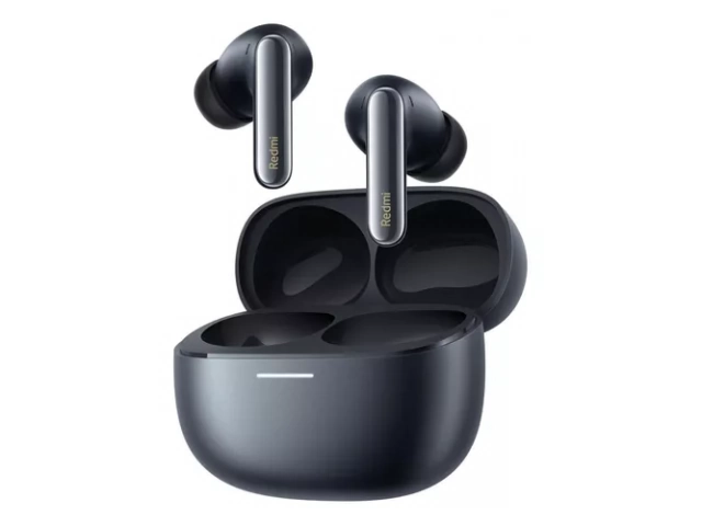 Estuche abierto de los Redmi Buds 6 Pro en color negro con los auriculares colocados.