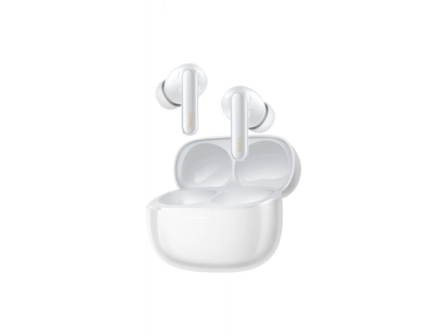 Estuche de carga abierto con los Redmi Buds 6 Pro en color blanco colocados dentro.