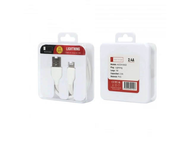 Cable ROCA TO GO Lightning de 100cm (1m), soporta carga eficiente de 2.4A, color blanco, diseño duradero para dispositivos Apple, venta en Uruguay por Avlis.