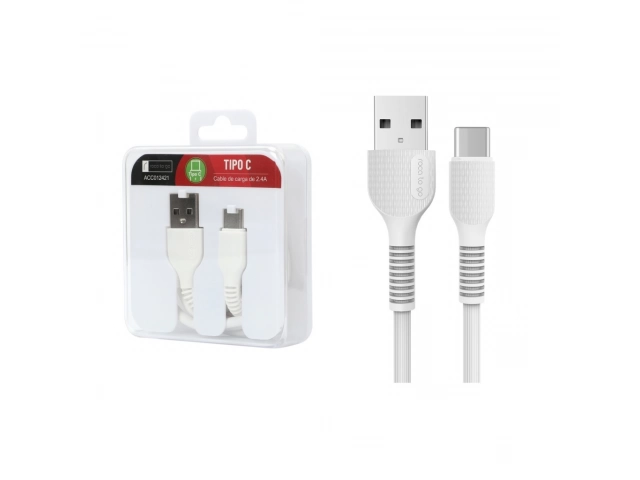 Cable ROCA TO GO USB-C de 100cm (1m), soporta carga eficiente de 2.4A, color blanco, conector reversible Tipo C, venta en Uruguay por Avlis