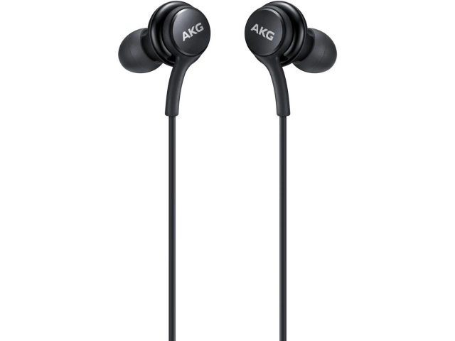 Auriculares Samsung AKG Tipo C IC100B vistos de frente, diseño elegante y minimalista.