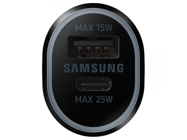 Detalle de los puertos USB-C (25W Super Fast Charging) y USB-A (15W Adaptive Fast Charging) del cargador de auto Samsung Duo EP-L4020. Avlis