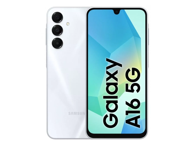 Vista frontal del Samsung Galaxy A16 5G en color gris claro, mostrando su pantalla Super AMOLED de 6.7 pulgadas.