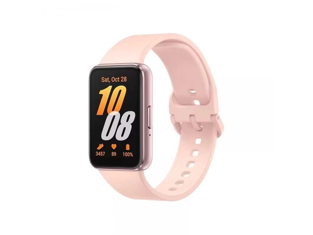 Detalle del diseño elegante con cuerpo de aluminio y correa confortable del Samsung Galaxy Fit3 Pink Gold. Avlis.