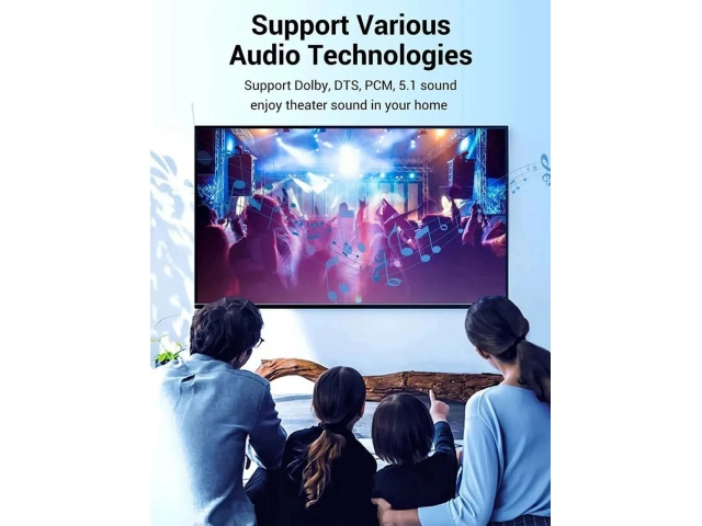 Soundbar o home theater conectado a una TV mediante el cable de audio de fibra óptica Vention de 2 metros, ilustrando una configuración de sonido envolvente. Comprá online en Avlis Uruguay.