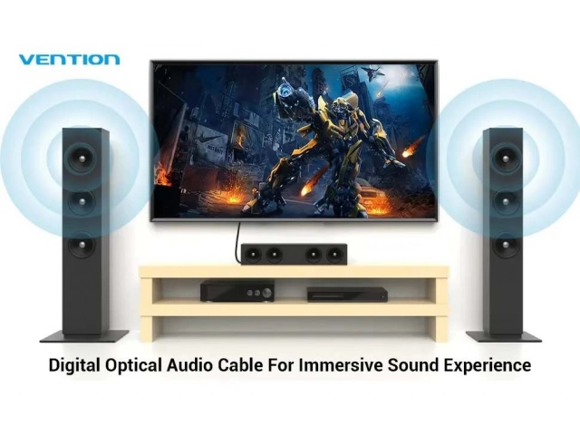 Soundbar o home theater conectado a una TV mediante el cable de audio de fibra óptica Vention de 2 metros, ilustrando una configuración de sonido envolvente. Comprá online en Avlis Uruguay.