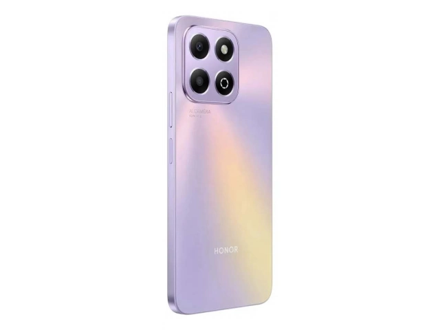 Detalle de la cámara trasera y el vibrante acabado púrpura del smartphone Honor X6b, 256GB, mostrando su diseño moderno, en Avlis.