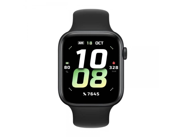 Smartwatch Honor Watch 5 color negro elegante, vista frontal del dispositivo con pantalla AMOLED encendida, disponible en Avlis Uruguay.