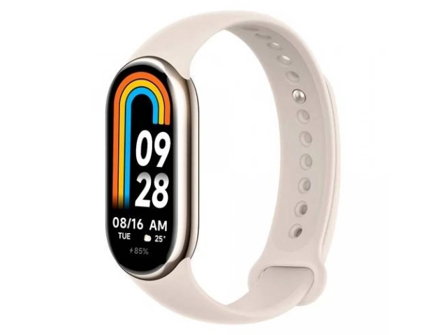 Xiaomi Band 8 Gold en un entorno acuático (piscina/ducha) o mostrando su resistencia al agua, enfatizando su durabilidad y versatilidad para actividades diarias en Uruguay.