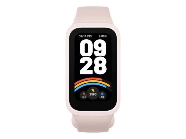 Smartwatch Xiaomi Band 9 Active Pink en la muñeca de una mujer, mostrando su vibrante pantalla AMOLED y diseño deportivo en Uruguay.