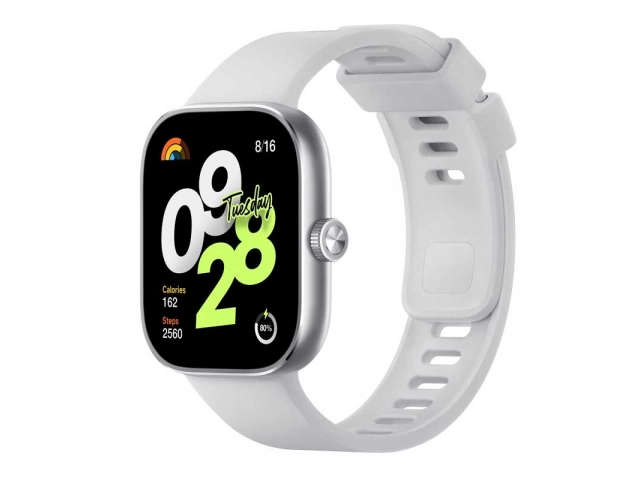 Perfil lateral del reloj inteligente Xiaomi Redmi Watch 4 en color gris plateado, mostrando su diseño ergonómico.