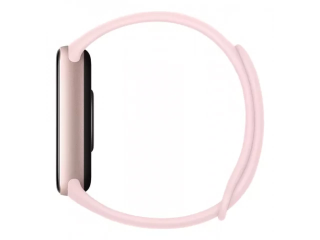 Perfil lateral del reloj inteligente Xiaomi Smart Band 9 en color rosa místico, mostrando su diseño ergonómico.