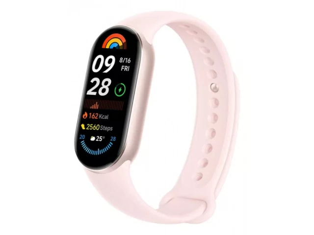 Pantalla encendida del Smart Band 9 mostrando interfaz de usuario clara y colorida.