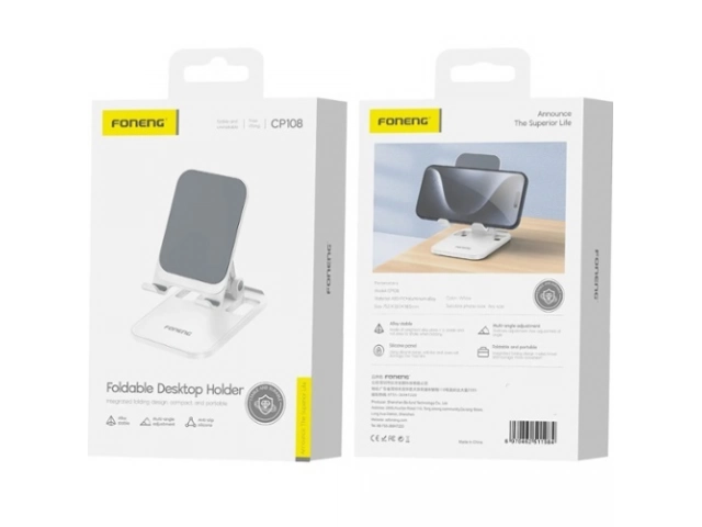 Soporte de escritorio ajustable Foneng CP108 en color blanco, sosteniendo un smartphone en posición vertical.