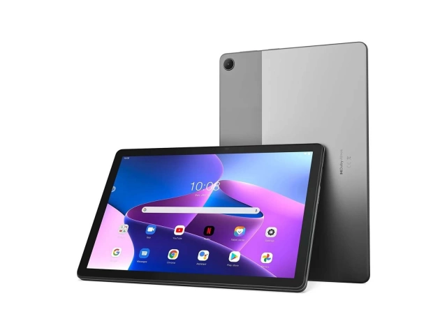 Diseño delgado y portátil de la Tablet Lenovo M10 (3ra Gen) en Storm Grey, junto a su funda protectora. Avlis Uruguay