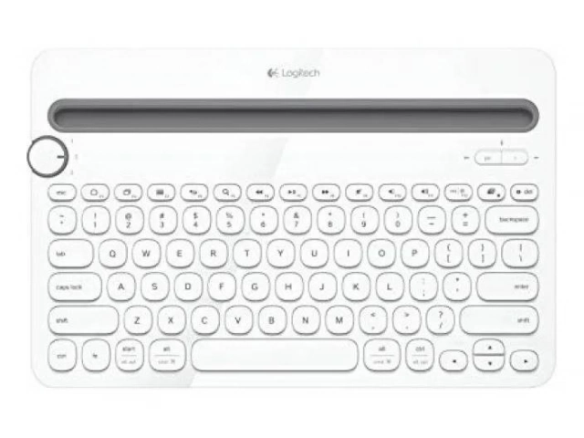Vista frontal del teclado Logitech K480 BT Blanco con soporte para dispositivos móviles.