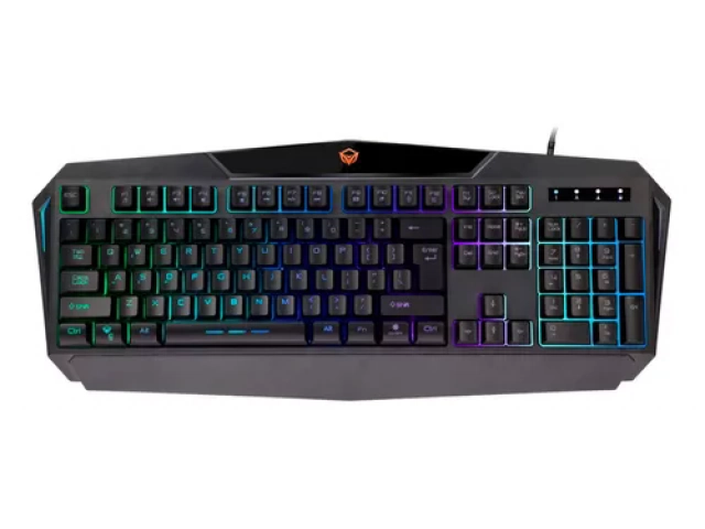Teclado Meetion C510 con retroiluminación LED arcoíris y diseño ergonómico.