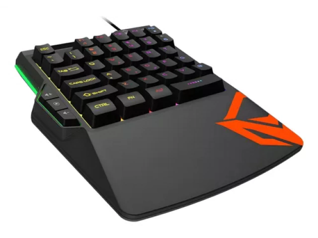 Imagen frontal del teclado Meetion MT-KB015, destacando sus 35 teclas programables y diseño ergonómico.