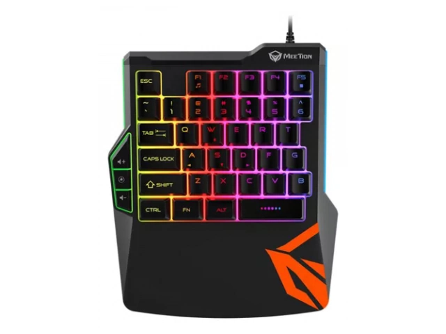 Vista superior del teclado Meetion MT-KB015 One-Hand Gaming, mostrando su diseño compacto y retroiluminación RGB.