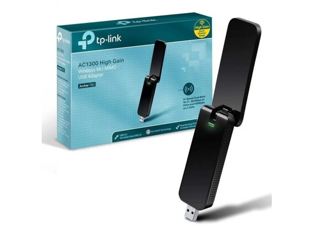 Detalle de la antena ajustable y el conector USB 3.0 del adaptador Wi-Fi TP-Link Archer T4U AC1300. Conexión de alta velocidad. Avlis