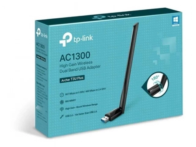 Detalle del conector USB 3.0 y antena multidireccional del adaptador WiFi TP-Link Archer T3U Plus AC1300.