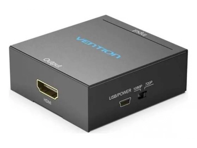 Convertidor Vention de RCA (AV) a HDMI, carcasa metálica color negro, soporta salida seleccionable 1080p/720p. Conectá tus dispositivos antiguos a TVs modernas. Avlis Uruguay.