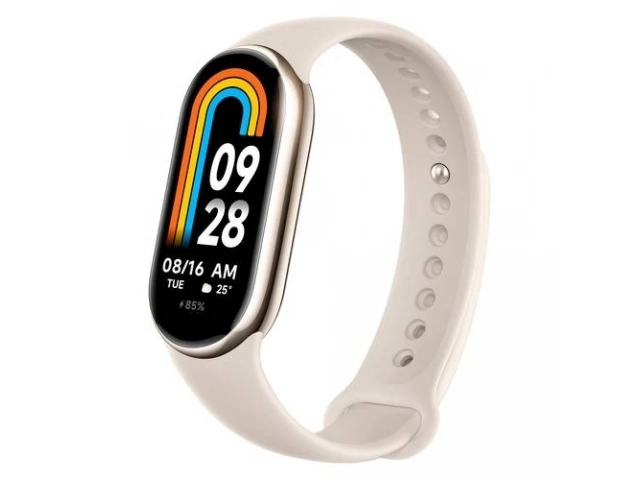 Pantalla de la Xiaomi Band 8 Gold con datos de monitoreo de salud o modo deportivo, resaltando sus capacidades de seguimiento para fitness en Uruguay.