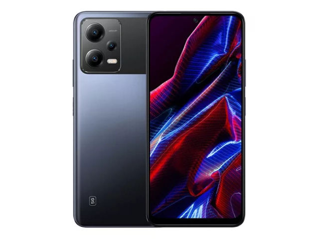 Vista frontal del Xiaomi Poco X5 5G en color negro, mostrando su pantalla AMOLED de 6.67 pulgadas.