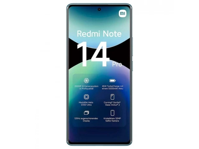 Smartphone Xiaomi Redmi Note 14 Pro 5G color Azul con 8GB RAM y 256GB, cámara 200MP y conectividad 5G, disponible en Avlis Uruguay.