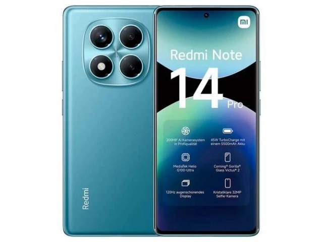 Smartphone Xiaomi Redmi Note 14 Pro 5G color Azul con 8GB RAM y 256GB, cámara 200MP y conectividad 5G, disponible en Avlis Uruguay.