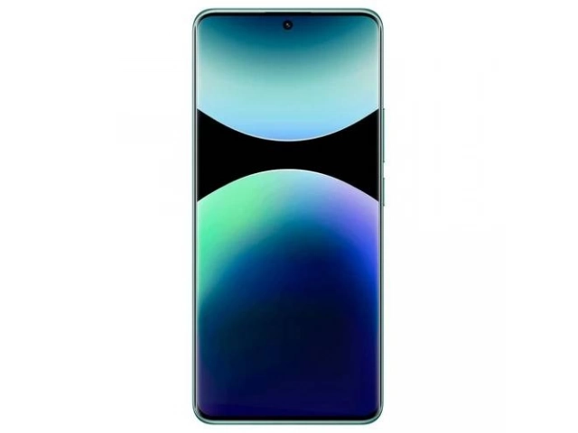 Vista frontal del Xiaomi Redmi Note 14 Pro 5G en color verde coral con pantalla AMOLED CrystalRes de 6.67 pulgadas y tasa de refresco de 120 Hz.