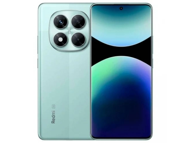 Vista frontal del Xiaomi Redmi Note 14 Pro 5G en color verde coral con pantalla AMOLED CrystalRes de 6.67 pulgadas y tasa de refresco de 120 Hz.