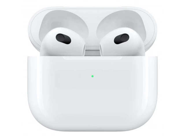 Apple AirPods 3ra generaci&oacute;n (MPNY3AM/A) con estuche de carga Lightning, vista frontal, disponibles en Avlis Uruguay.