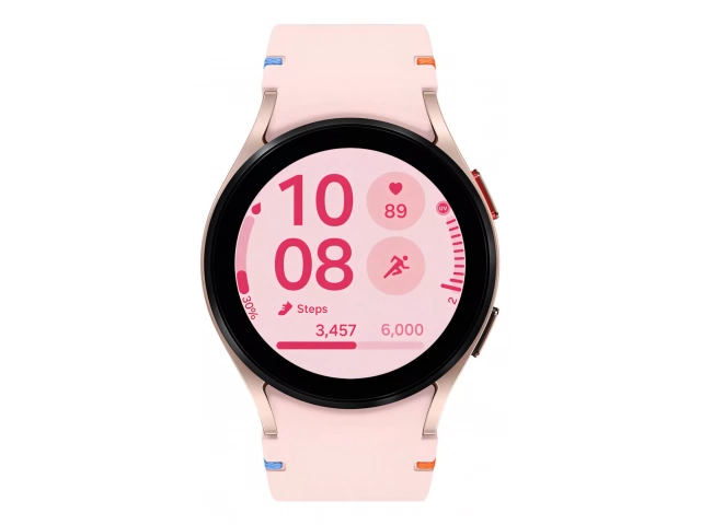 Samsung Galaxy Watch FE Oro Rosado (Pink Gold) mostrando funciones de salud como SpO2 y su diseño de moda, en venta en Avlis Uruguay.