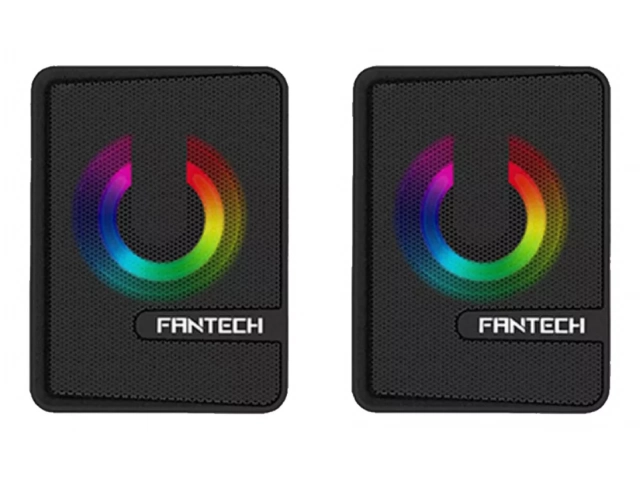 Vista frontal del parlante Fantech GS203 Black con iluminación RGB activada.%u200B  