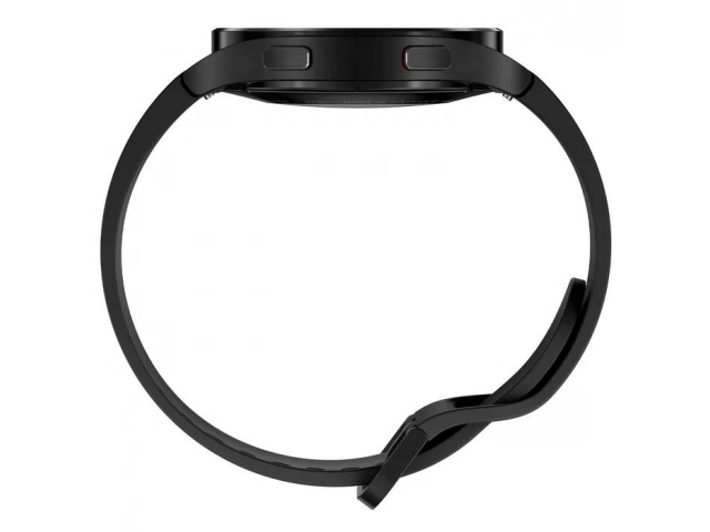 Perfil lateral del reloj inteligente Samsung Galaxy Watch4 en color negro, mostrando su diseño ergonómico.