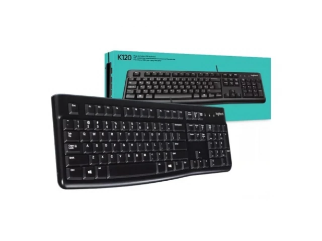 Teclado con cable Logitech K120 USB Negro, dise&ntilde;o resistente a salpicaduras y escritura c&oacute;moda, disponible en Avlis Uruguay.
