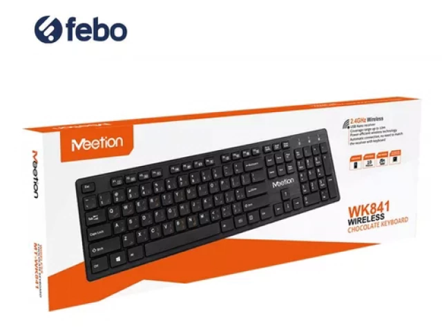 Vista frontal del teclado inalámbrico Meetion WK841 en color blanco, diseño ergonómico y teclas silenciosas