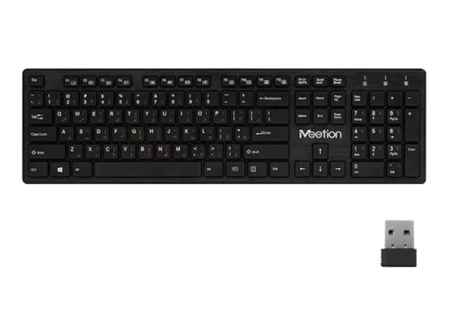 Vista frontal del teclado inalámbrico Meetion WK841 en color negro, diseño ultradelgado y teclas tipo chocolate