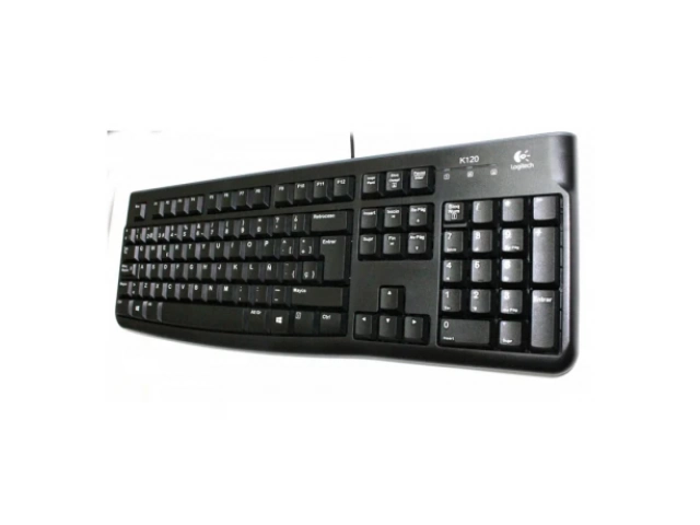 Detalle de las teclas de perfil bajo y dise&ntilde;o resistente a salpicaduras del teclado Logitech K120 USB Negro.