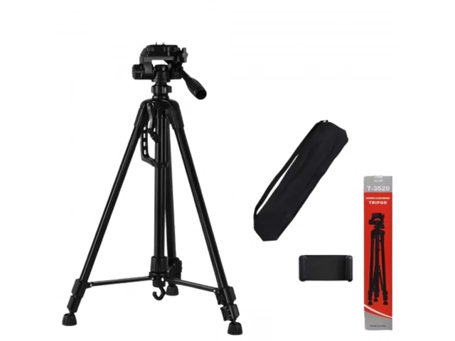Tr&iacute;pode profesional 3520 plegado junto a su bolsa de transporte y un soporte para celular, destacando su portabilidad y accesorios. Compr&aacute; en Avlis Uruguay. 